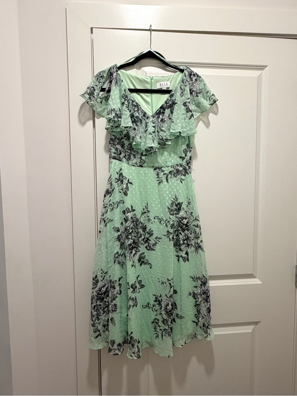 ELLE Mint Green Floral Clip Dot Ruffle Shoulder Flutter Midi Dress Womens XS